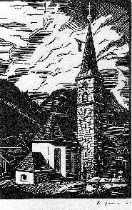 A woodcut of the church in Hinterstein